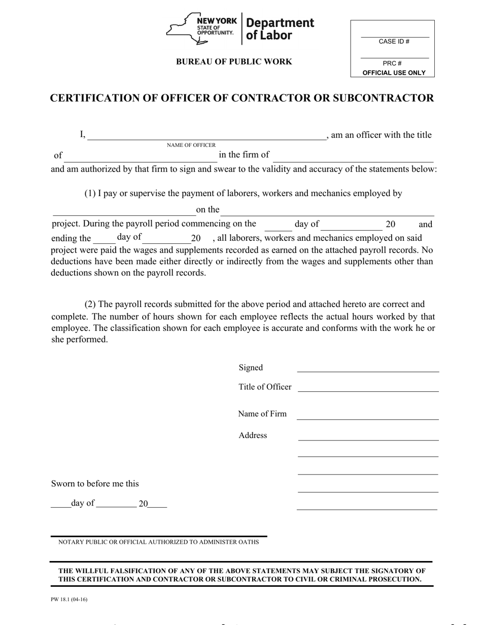 Form PW18.1 Certification of Officer of Contractor or Subcontractor - New York, Page 1