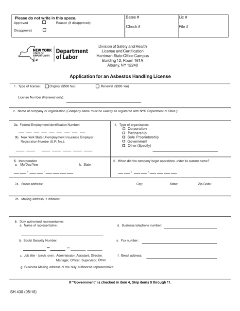 Form SH430 Application for an Asbestos Handling License - New York