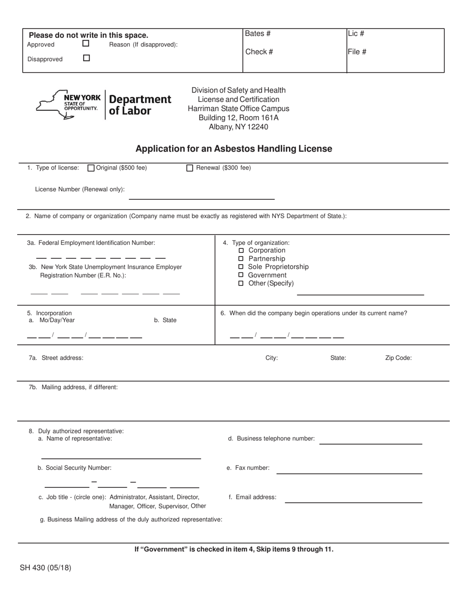 Form SH430 Application for an Asbestos Handling License - New York, Page 1