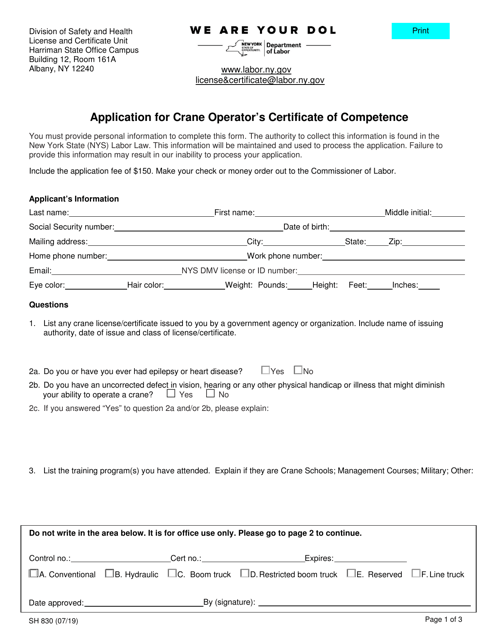 Form SH830 Application for Crane Operator's Certificate of Competence - New York