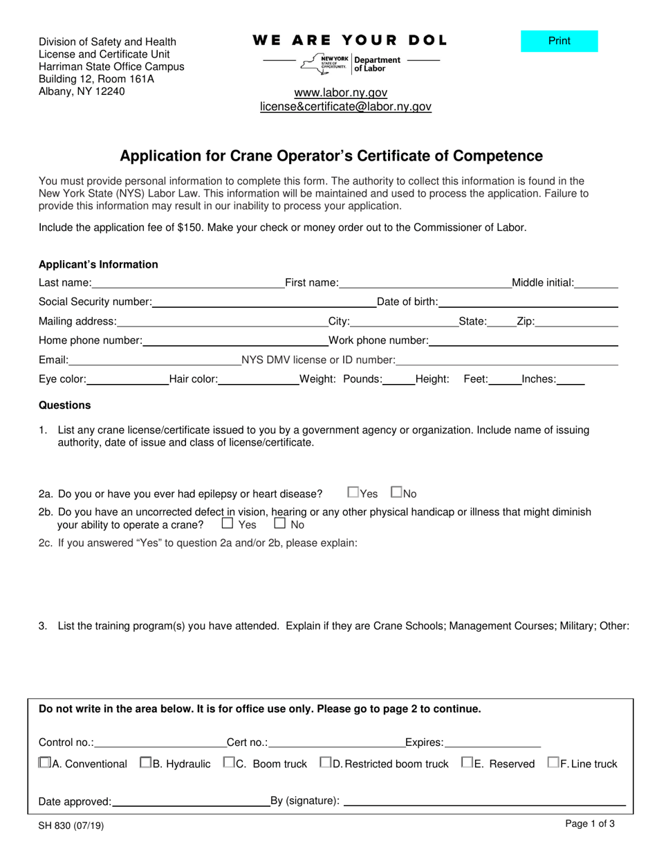 Form SH830 Application for Crane Operators Certificate of Competence - New York, Page 1