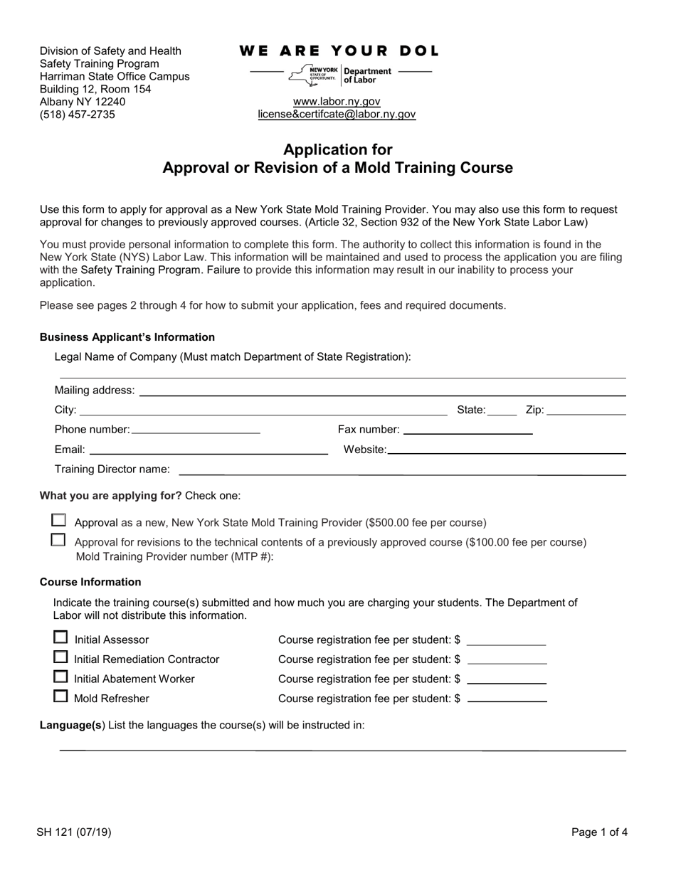 Form SH121 Application for Approval or Revision of a Mold Training Course - New York, Page 1