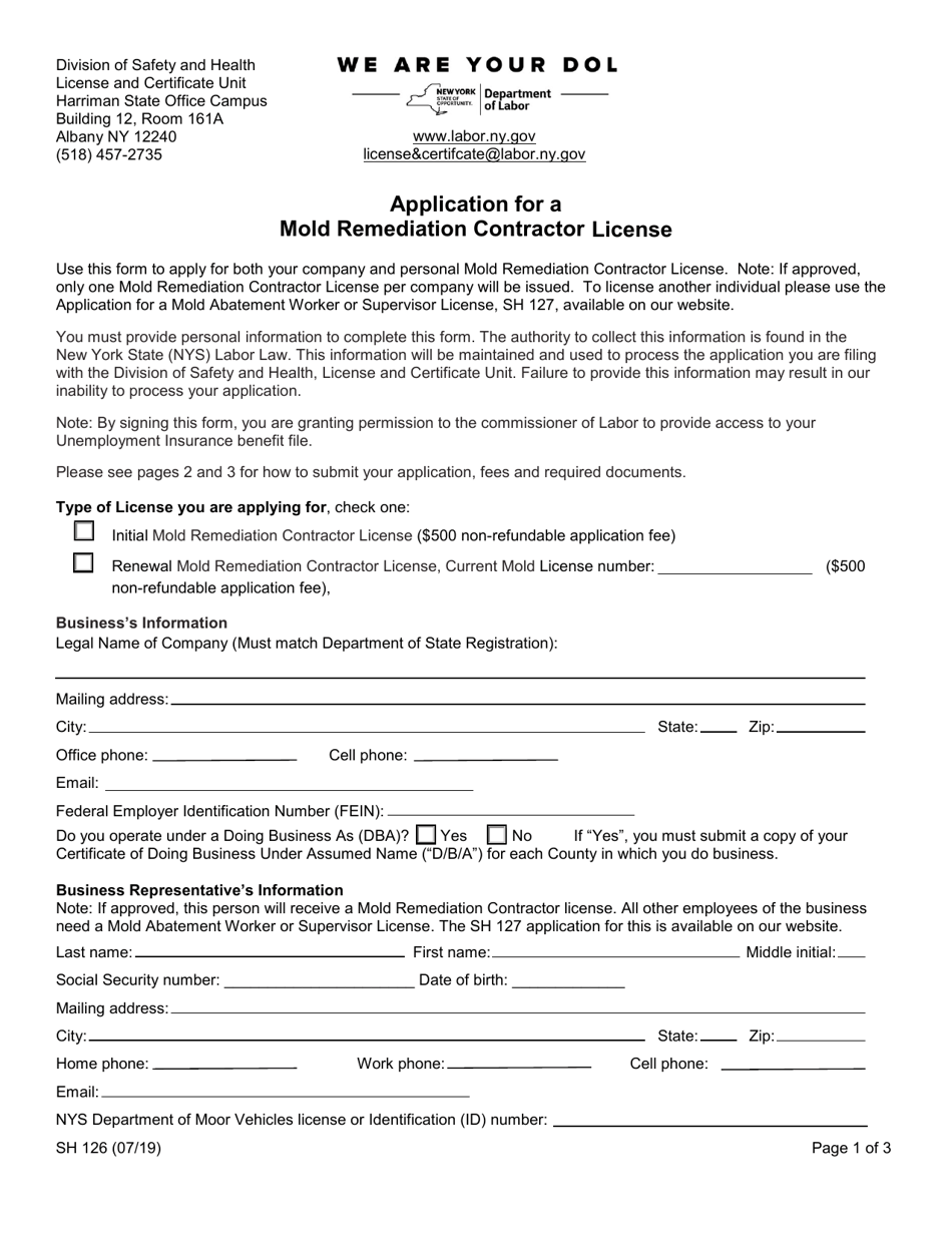 Form SH126 Application for a Mold Remediation Contractor License - New York, Page 1