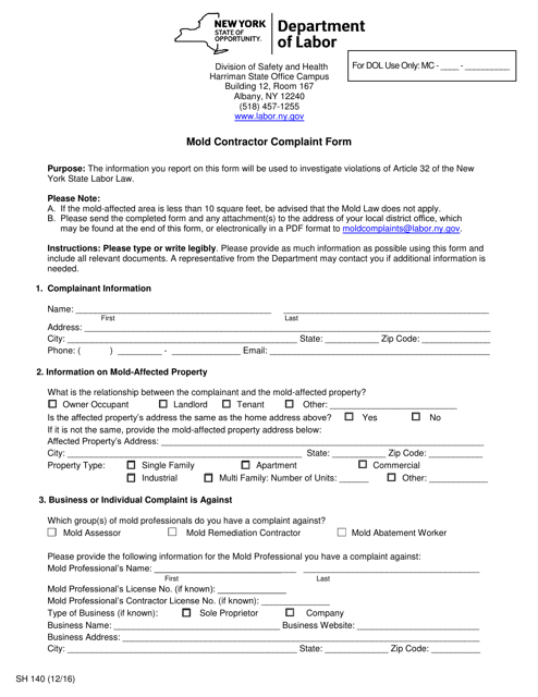Form SH140 Mold Contractor Complaint Form - New York