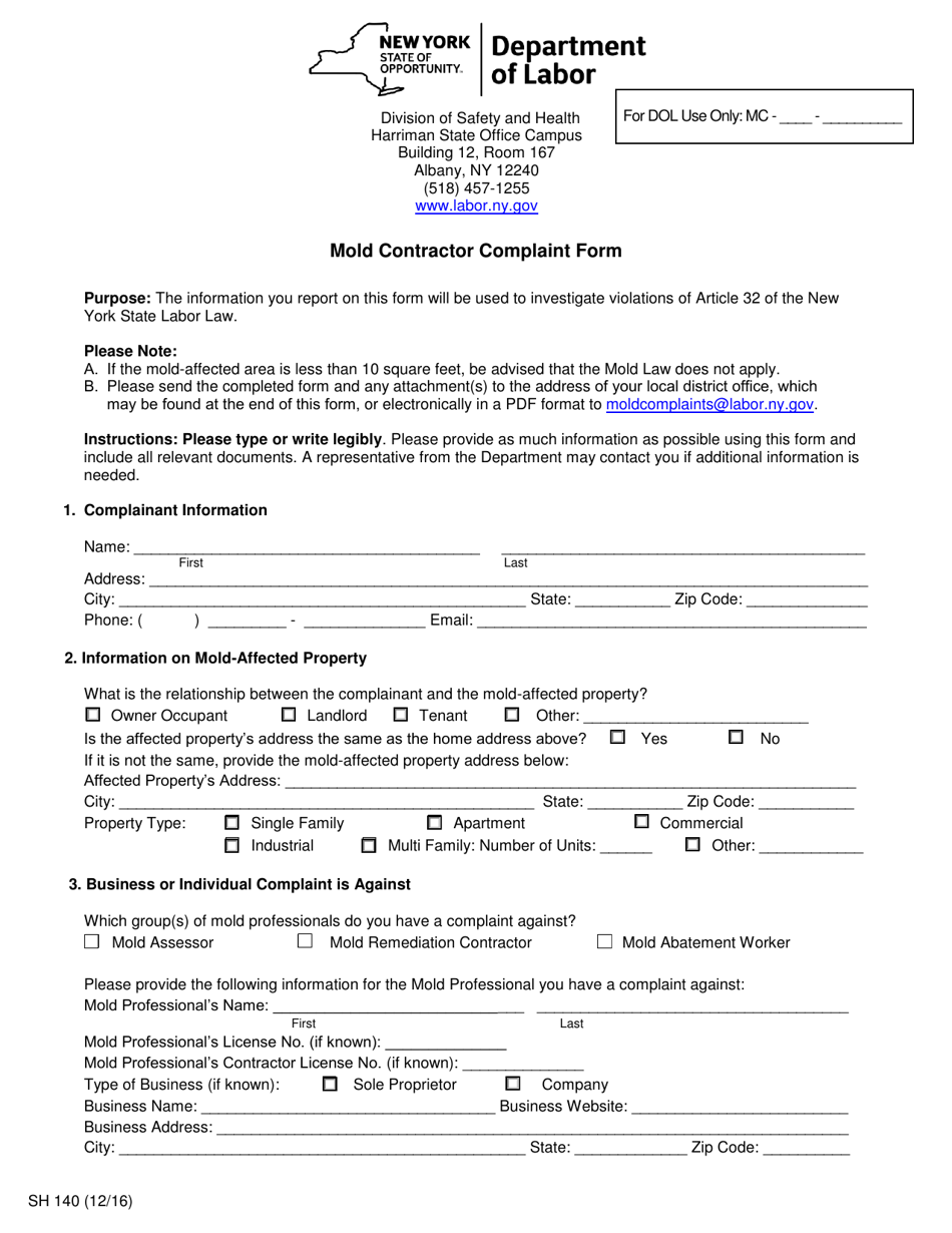 Form SH140 Mold Contractor Complaint Form - New York, Page 1