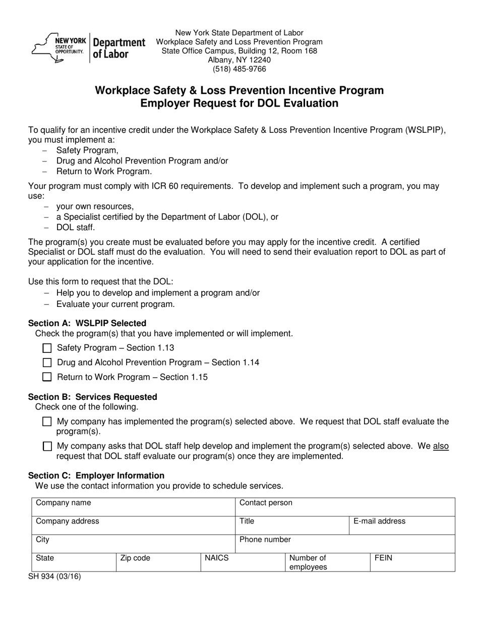 Form SH934 Workplace Safety  Loss Prevention Incentive Program Employer Request for Dol Evaluation - New York, Page 1