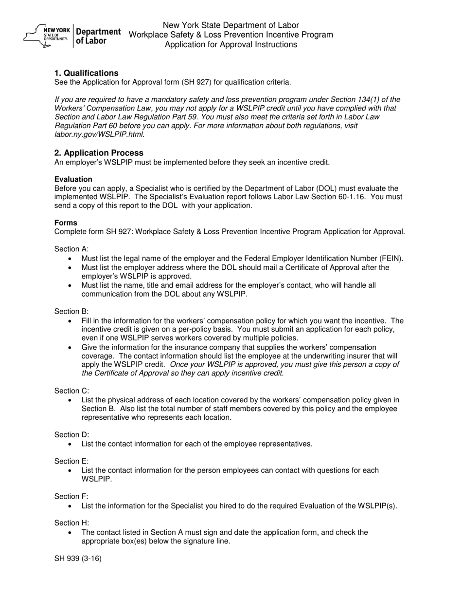 Instructions for Form SH927 Workplace Safety  Loss Prevention Incentive Program Application for Approval - New York, Page 1