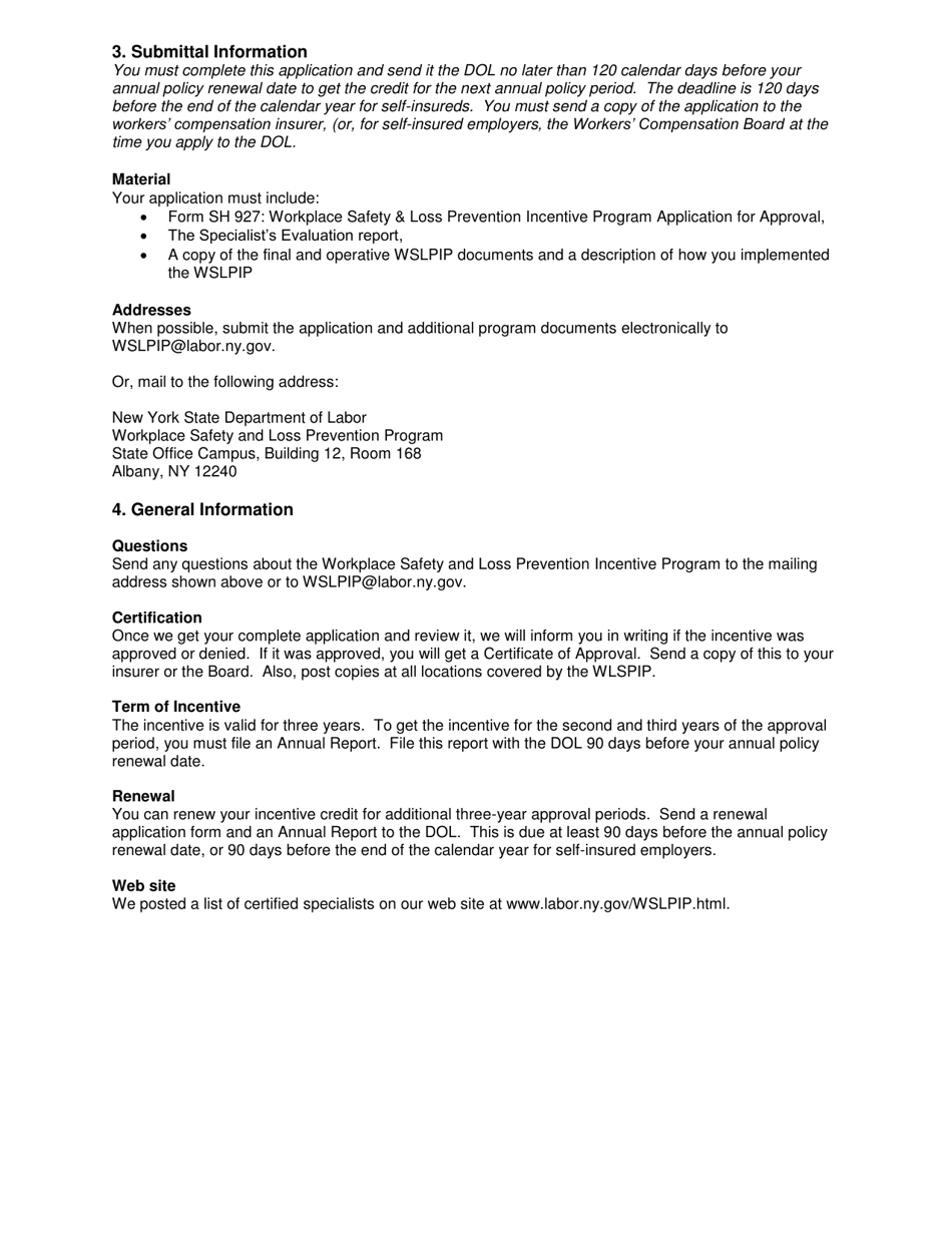 Instructions for Form SH927 Workplace Safety  Loss Prevention Incentive Program Application for Approval - New York, Page 2