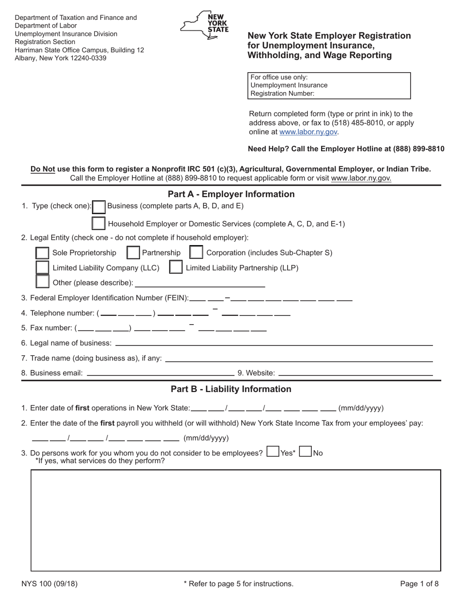 Form NYS100 New York State Employer Registration for Unemployment Insurance, Withholding, and Wage Reporting - New York, Page 1