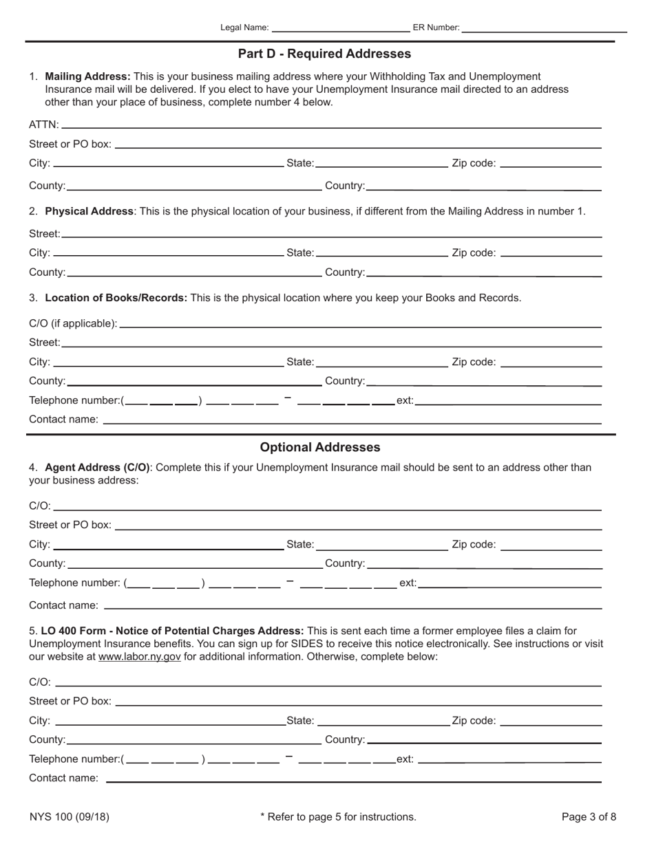 Form NYS100 New York State Employer Registration for Unemployment Insurance, Withholding, and Wage Reporting - New York, Page 3