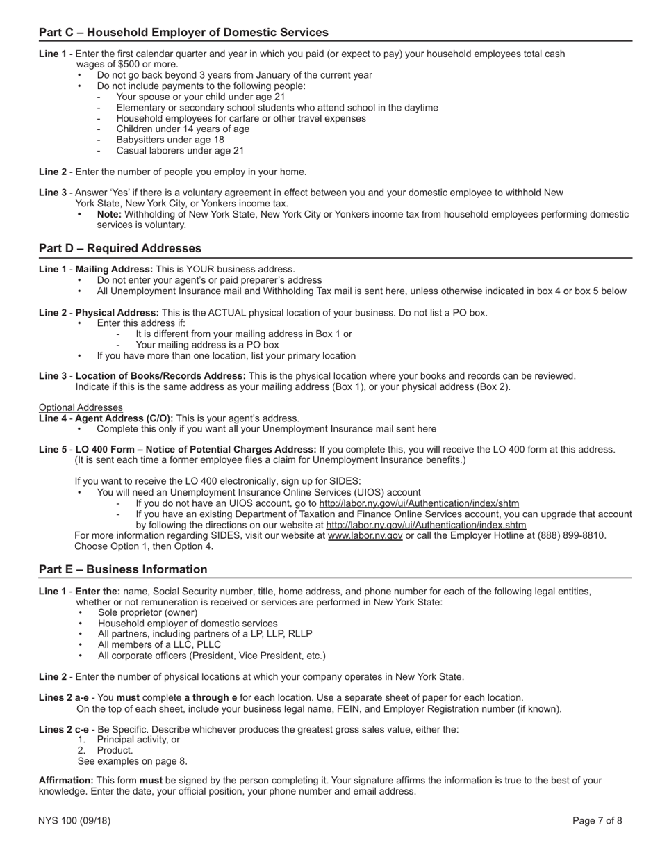 Form NYS100 New York State Employer Registration for Unemployment Insurance, Withholding, and Wage Reporting - New York, Page 7