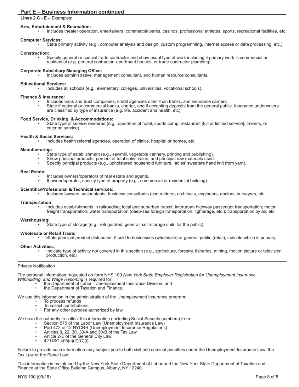 Form NYS100 New York State Employer Registration for Unemployment Insurance, Withholding, and Wage Reporting - New York, Page 8