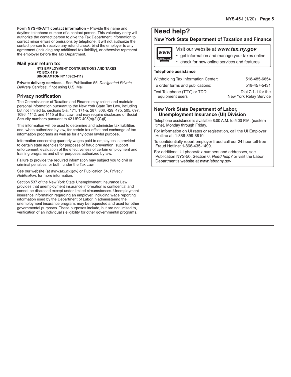 Instructions for Form NYS-45 Quarterly Combined Withholding, Wage Reporting, and Unemployment Insurance Return - New York, Page 5