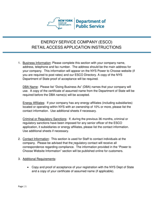 Instructions for Energy Service Company (Esco) Retail Access Application - New York Download Pdf