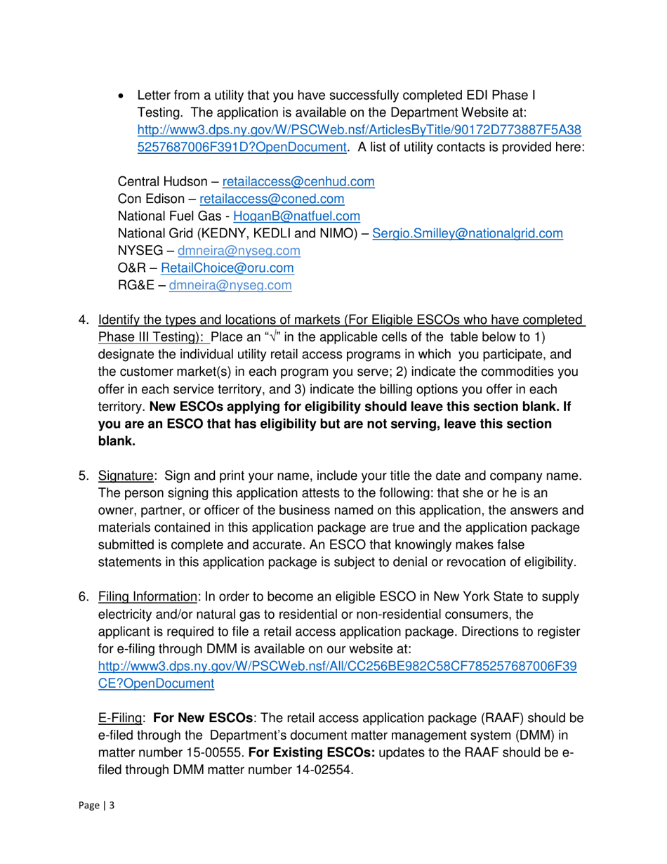 Instructions for Energy Service Company (Esco) Retail Access Application - New York, Page 3