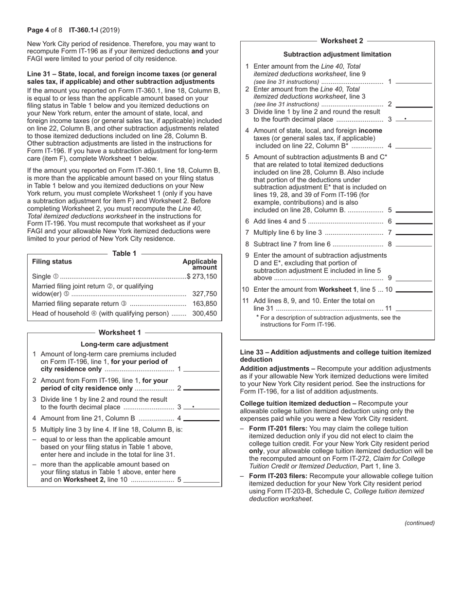 Instructions for Form IT-360.1 Change of City Resident Status - New York, Page 4