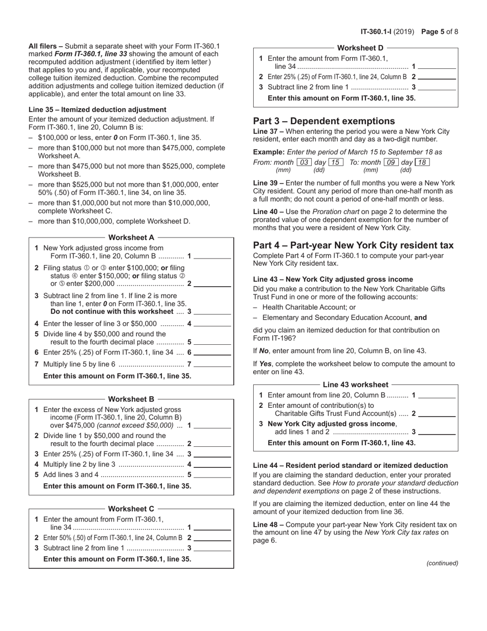 Instructions for Form IT-360.1 Change of City Resident Status - New York, Page 5