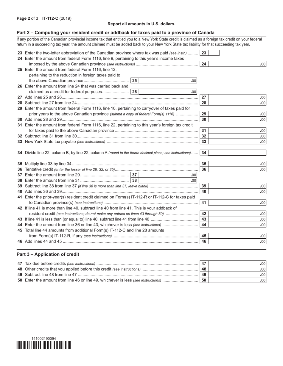Form IT-112-C New York State Resident Credit for Taxes Paid to a Province of Canada - New York, Page 2