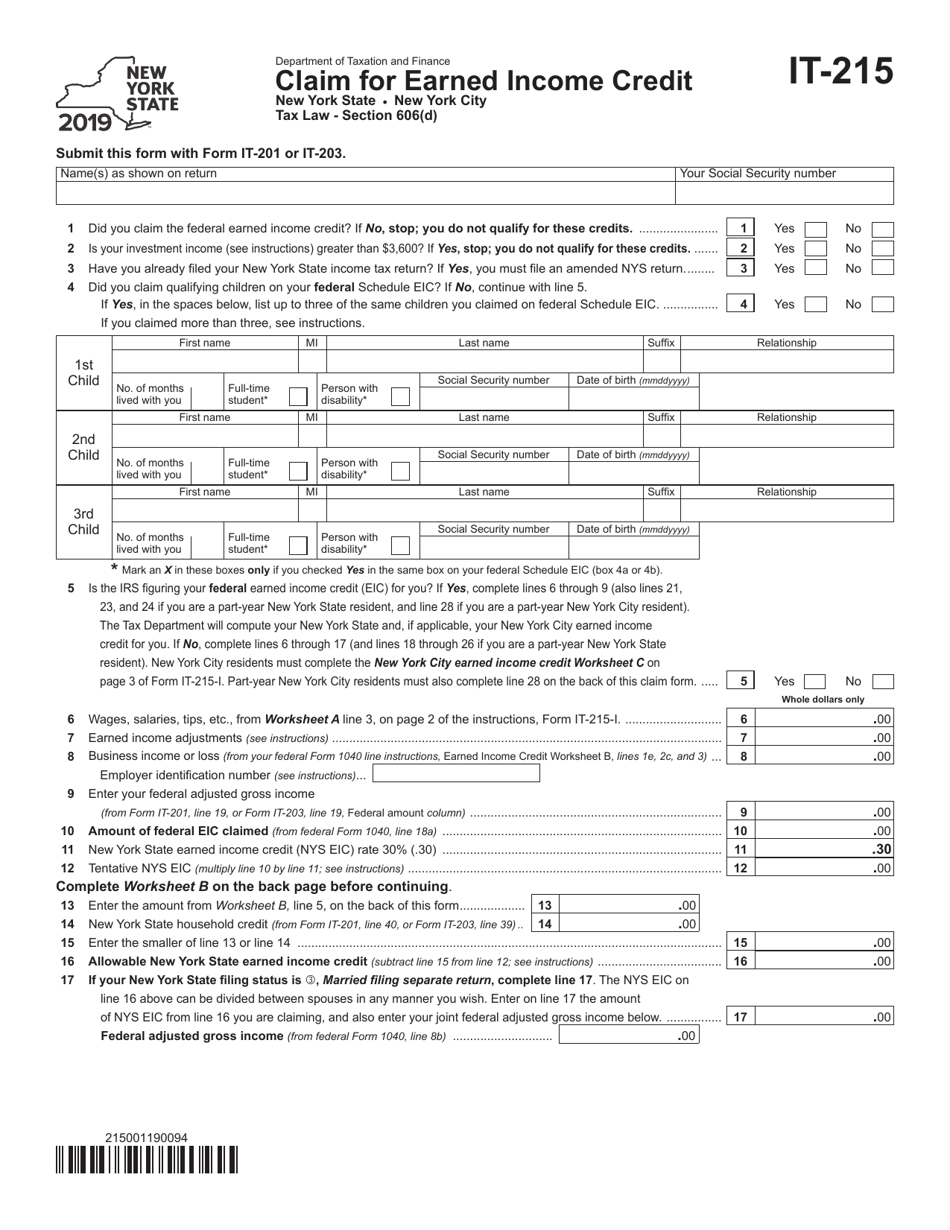 Form IT-215 Claim for Earned Income Credit - New York, Page 1