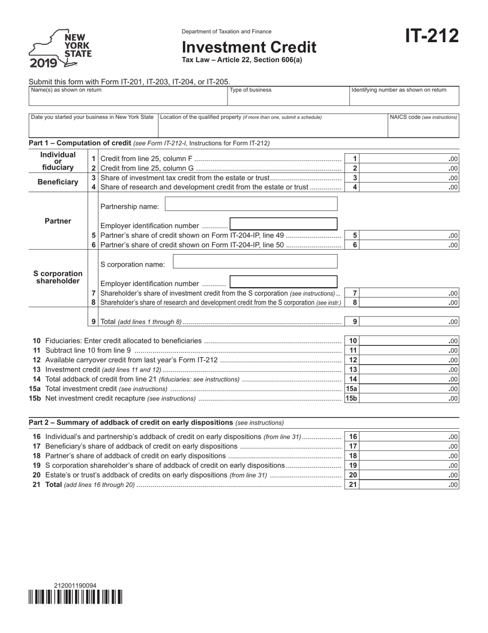Form IT-212 Investment Credit - New York, Page 1