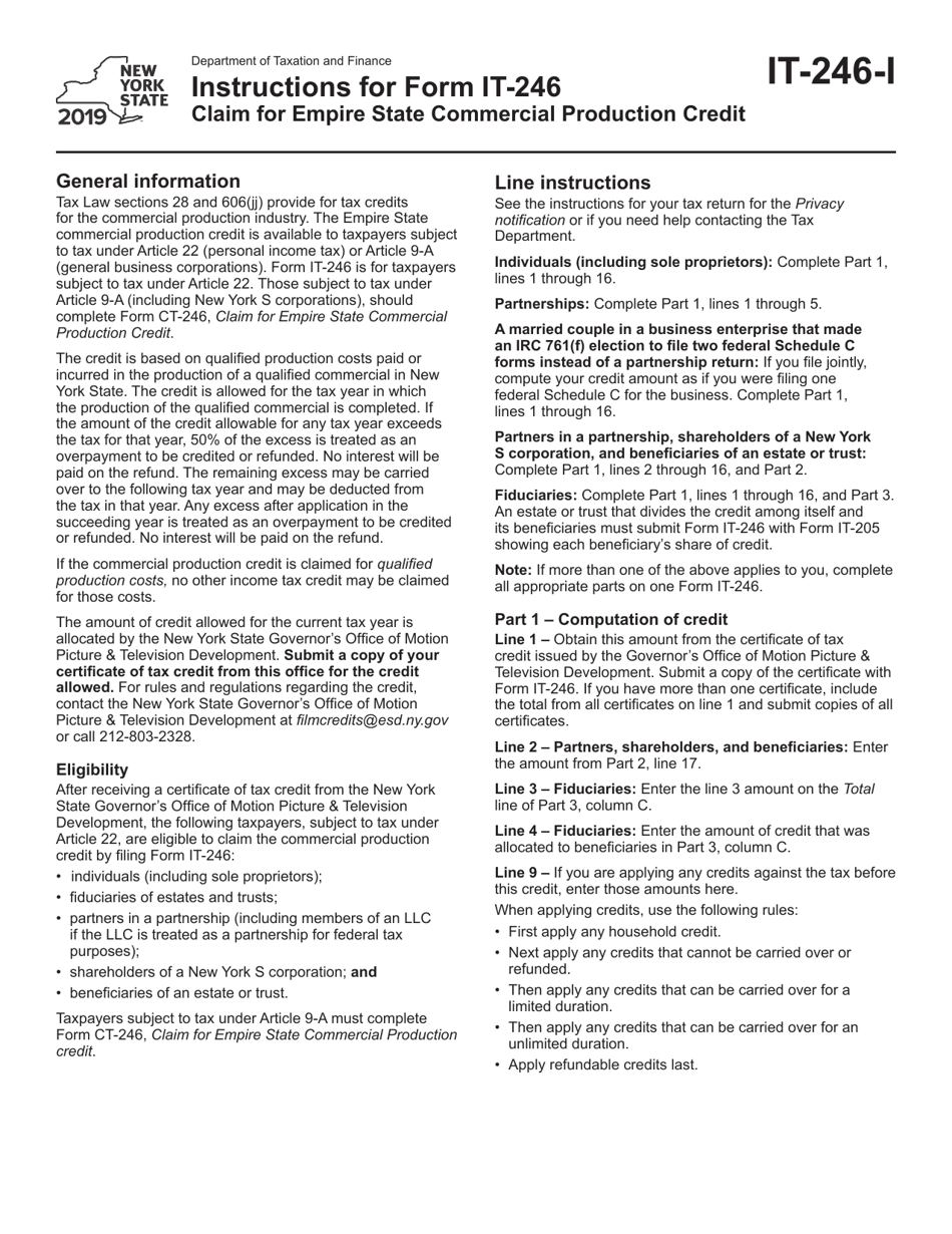 Instructions for Form IT-246 Claim for Empire State Commercial Production Credit - New York, Page 1