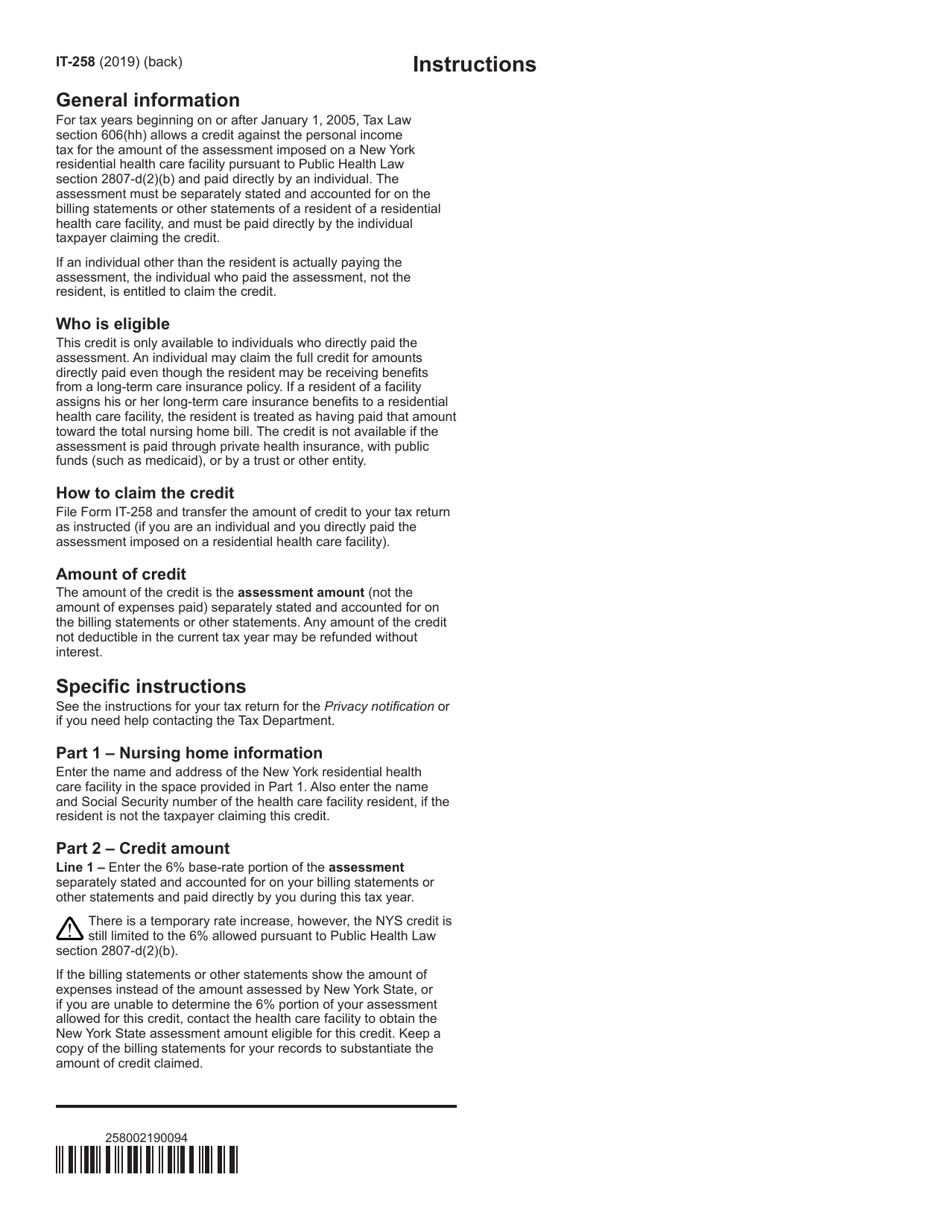 Form IT-258 Claim for Nursing Home Assessment Credit - New York, Page 2