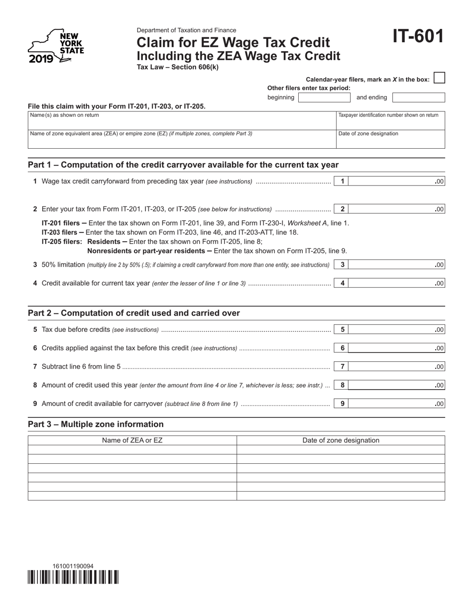 Form IT-601 Claim for Ez Wage Tax Credit Including the Zea Wage Tax Credit - New York, Page 1