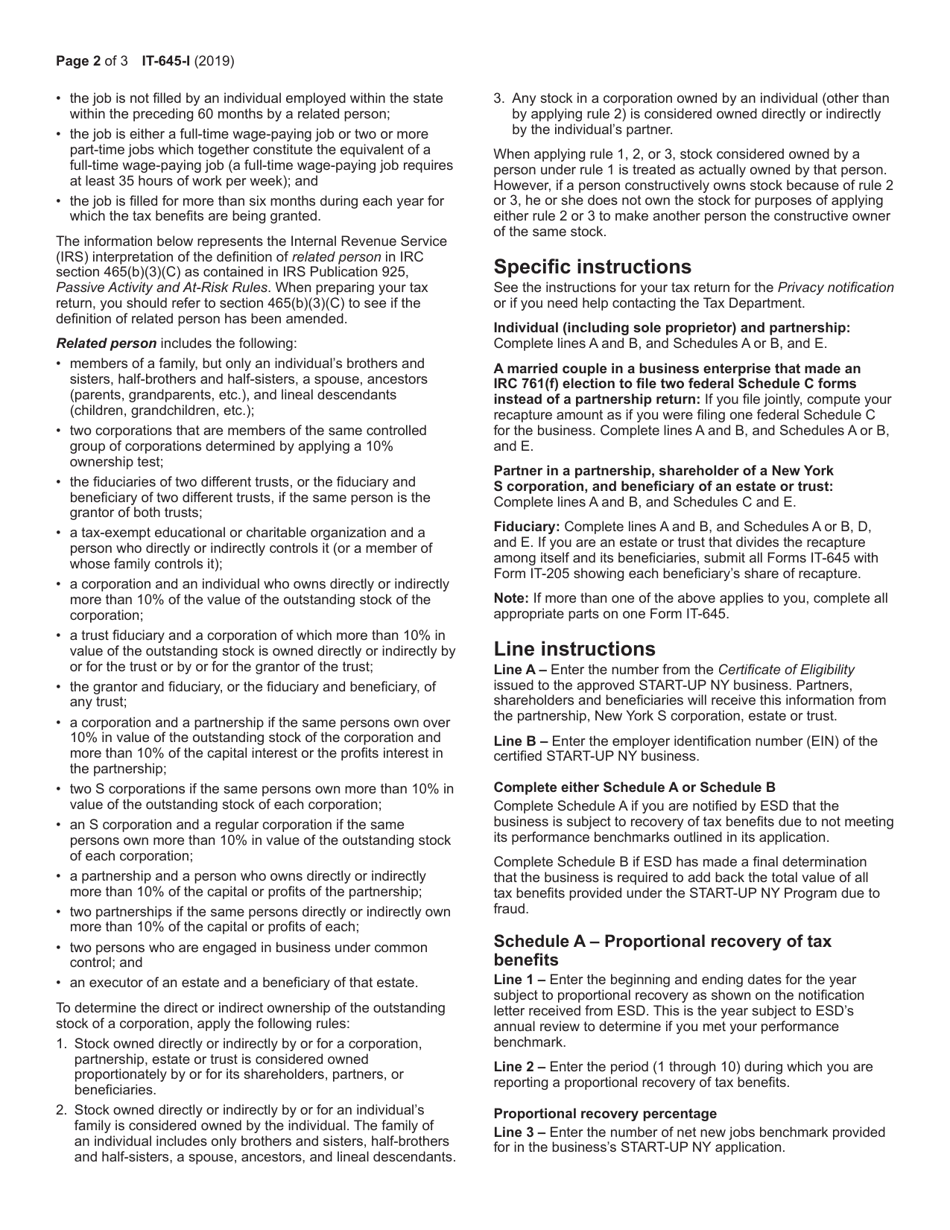 Instructions for Form IT-645 Recapture of Start-Up Ny Tax Benefits - New York, Page 2