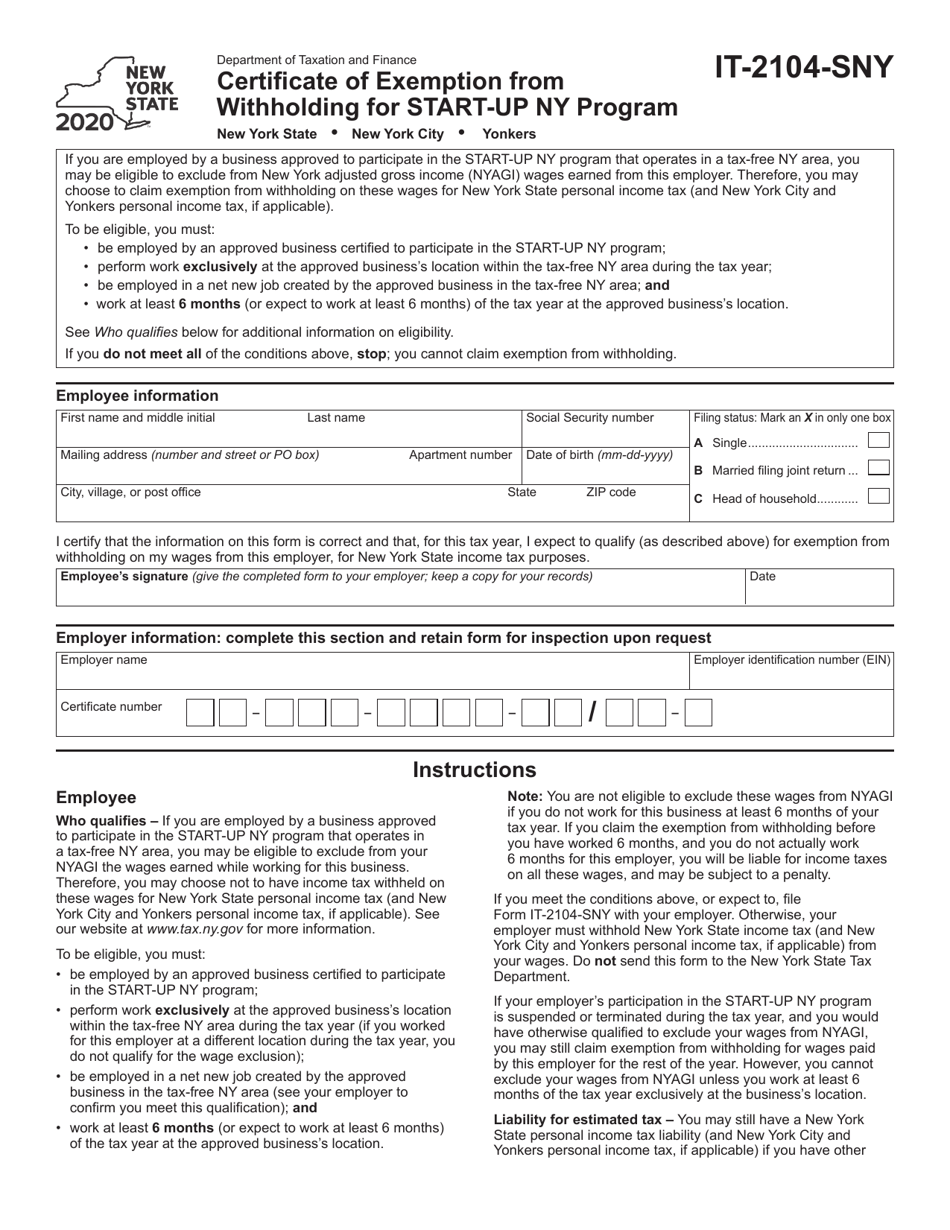 Form IT-2104-SNY Certificate of Exemption From Withholding for Start-Up Ny Program - New York, Page 1