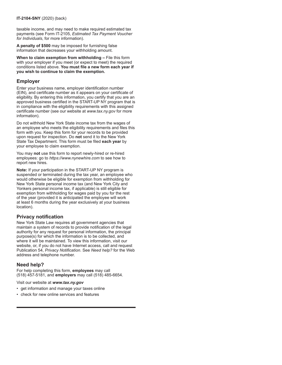Form IT-2104-SNY Certificate of Exemption From Withholding for Start-Up Ny Program - New York, Page 2