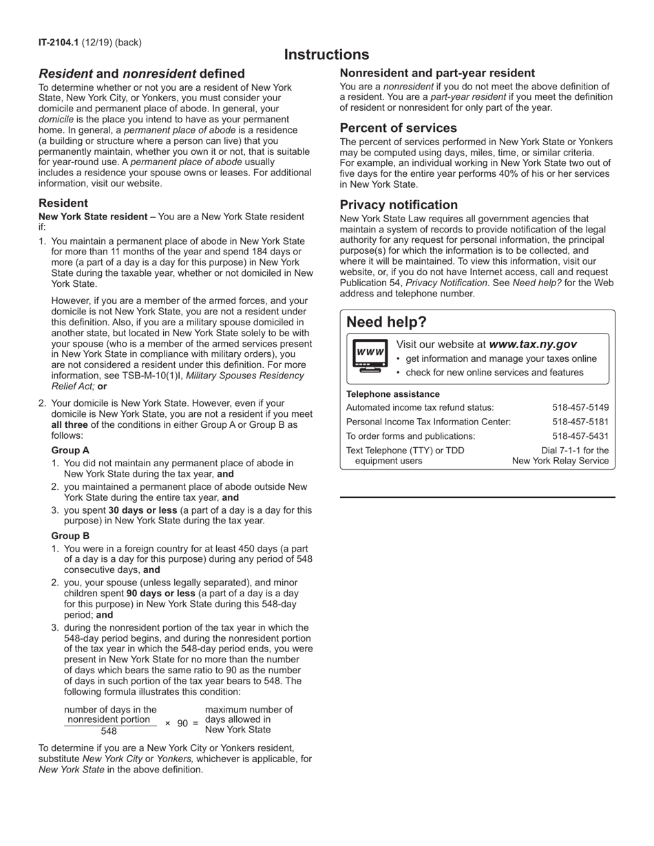 Form IT-2104.1 New York State, City of New York, and City of Yonkers Certificate of Nonresidence and Allocation of Withholding Tax - New York, Page 2