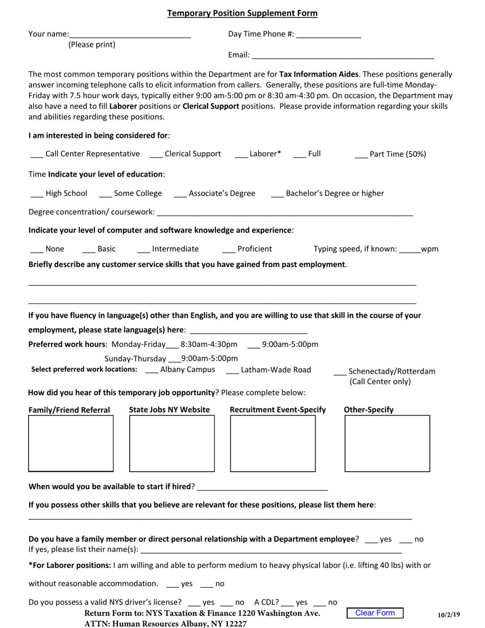 Temporary Position Supplement Form - New York, Page 1