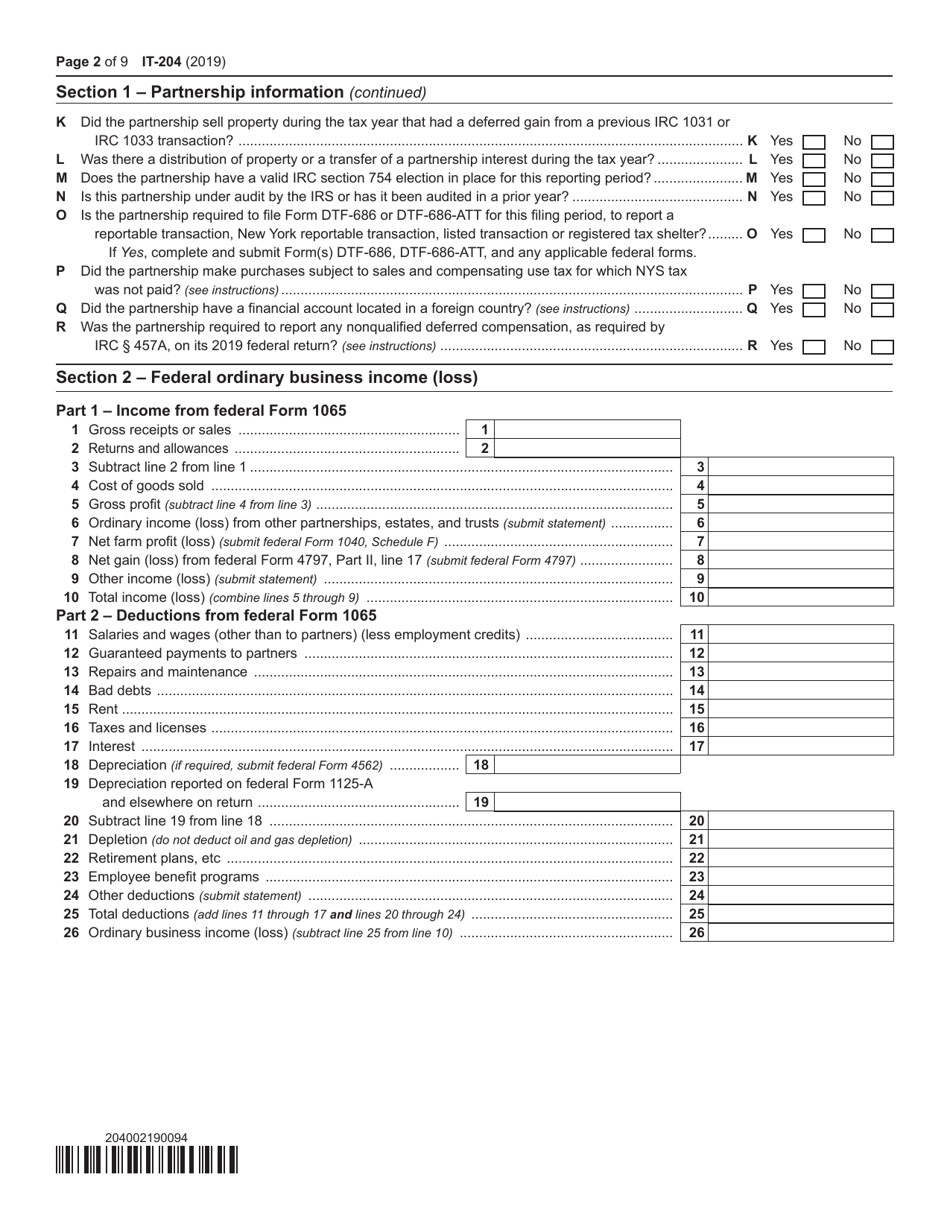 Form IT-204 Partnership Return - New York, Page 2