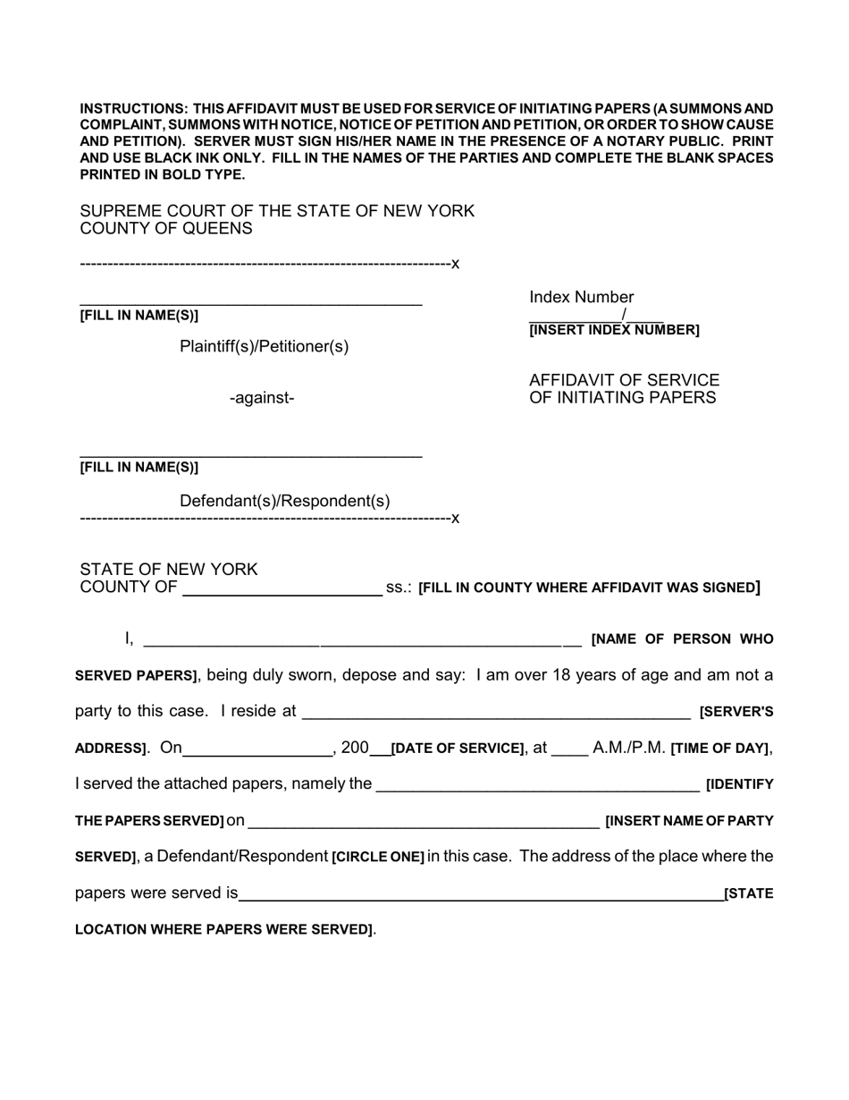 Affidavit in Service of Initiating Papers - Queens County, New York, Page 1