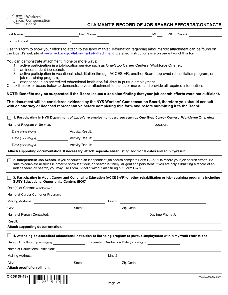 Form C-258 Claimants Record of Job Search Efforts / Contacts - New York, Page 1