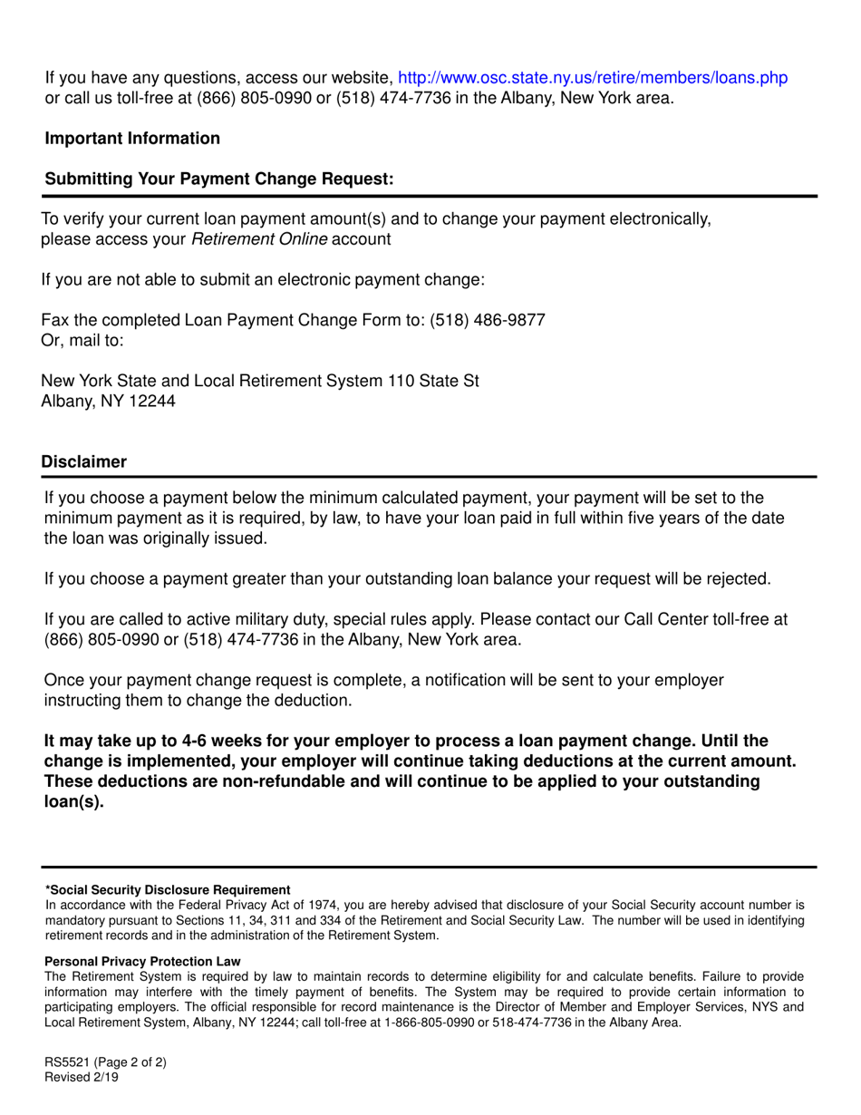Form RS5521 Loan Payment Change Form - New York, Page 2