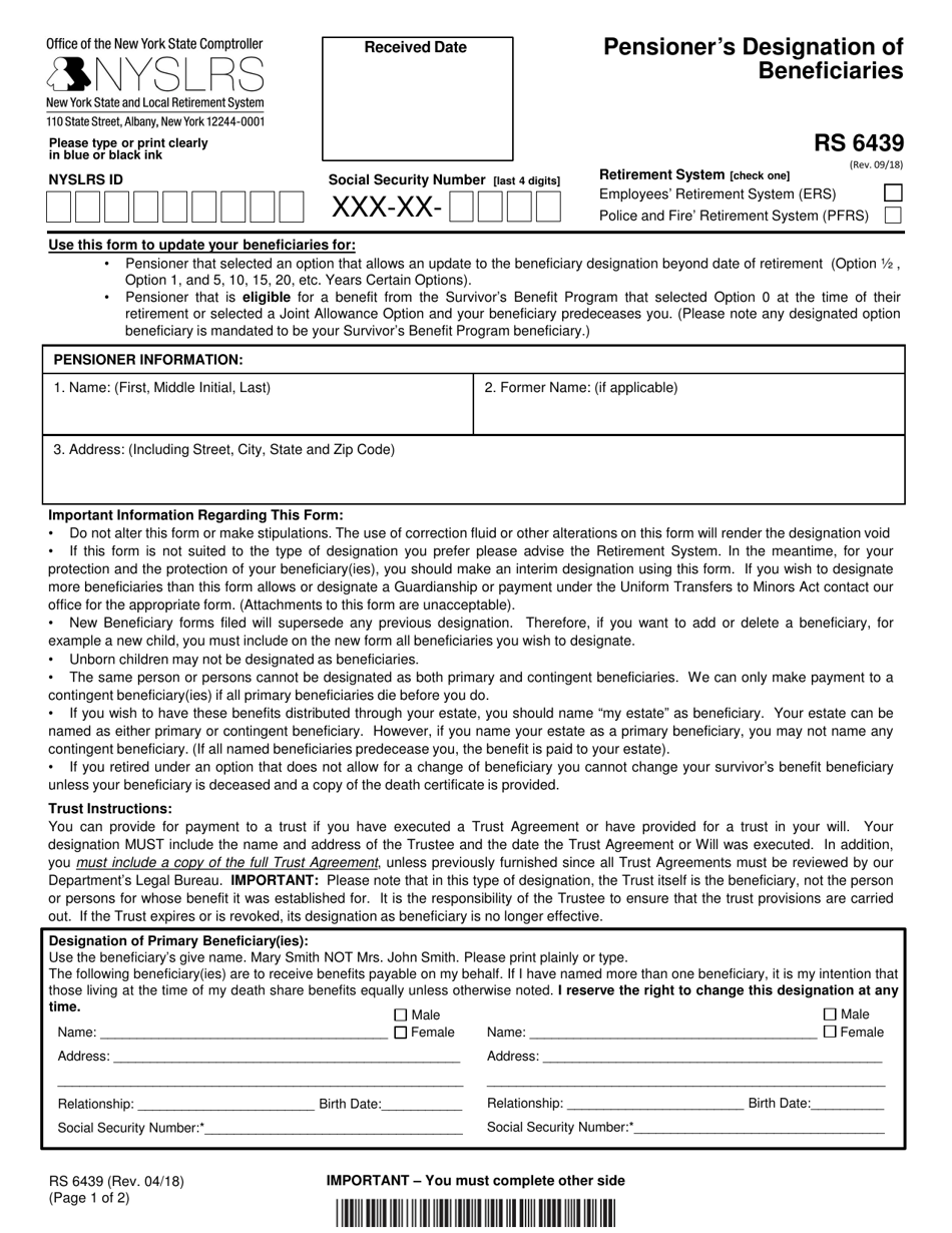 Form RS6439 Pensioner's Designation of Beneficiaries - New York, Page 1