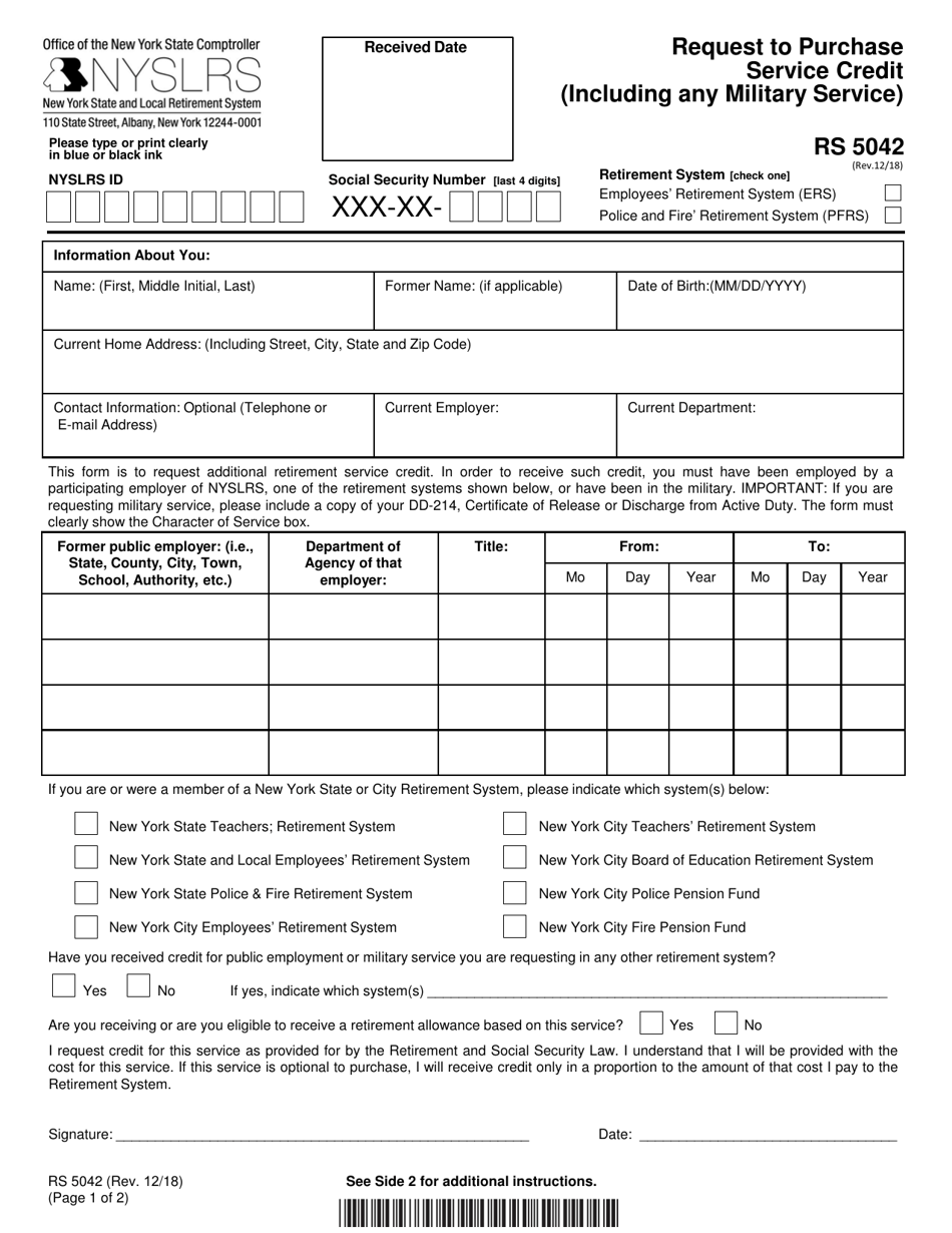 Form RS5042 Request to Purchase Service Credit (Including Any Military Service) - New York, Page 1