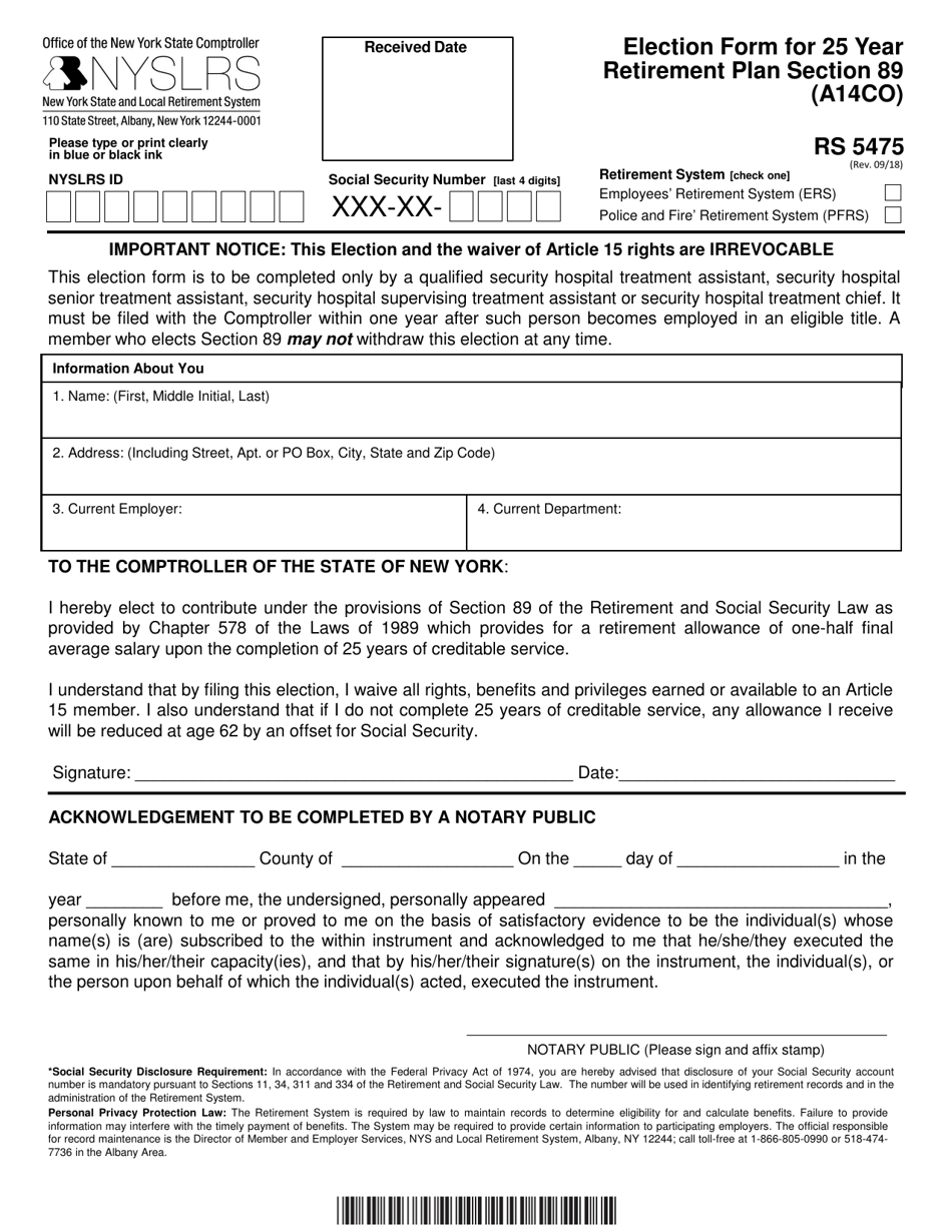 Form RS5475 Election Form for 25 Year Retirement Plan Section 89 - New York, Page 1