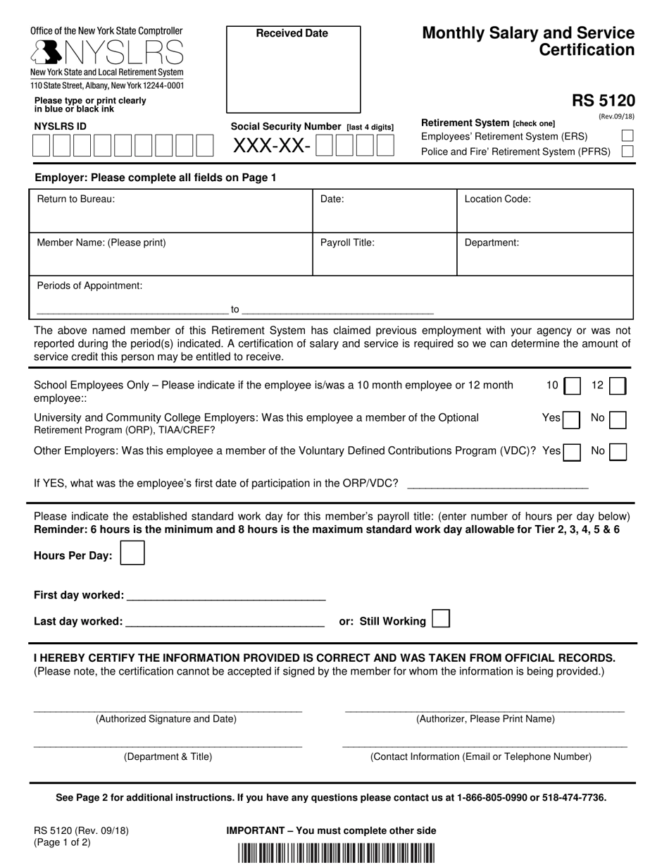 Form RS5120 Monthly Salary and Service Certification - New York, Page 1