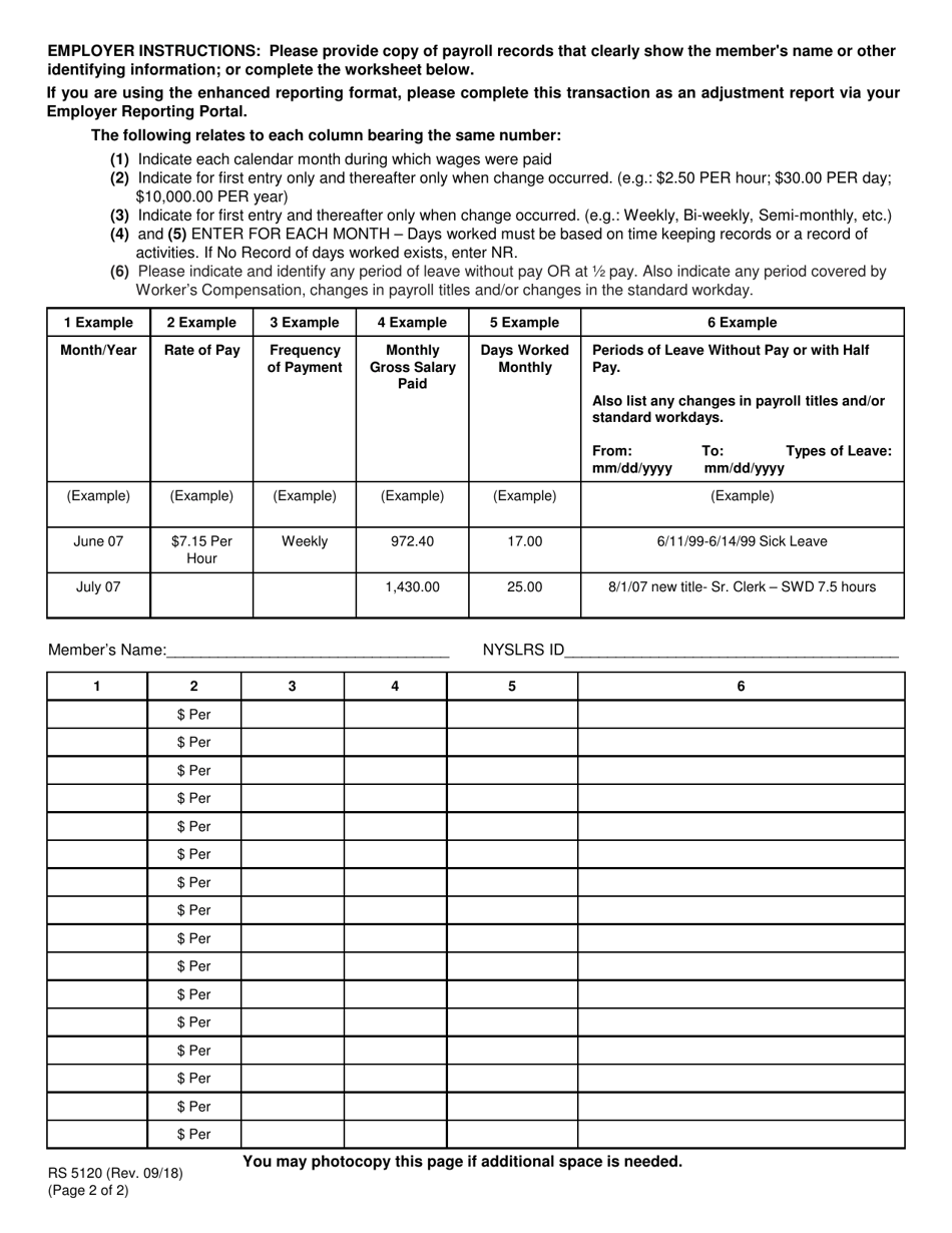 Form RS5120 Monthly Salary and Service Certification - New York, Page 2