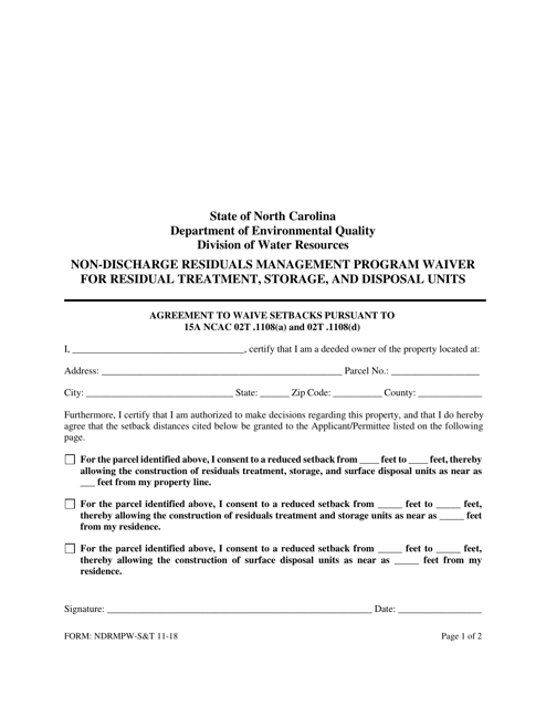 Form NDRMPW-S&T Non-discharge Residuals Management Program Waiver for Residual Treatment, Storage, and Disposal Units - North Carolina