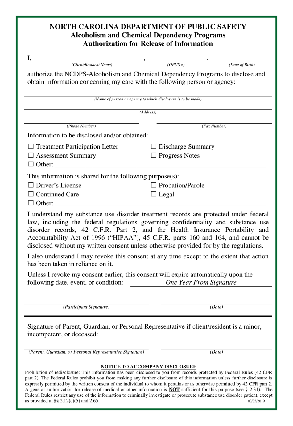 Alcoholism and Chemical Dependency Programs Authorization for Release of Information - North Carolina, Page 1