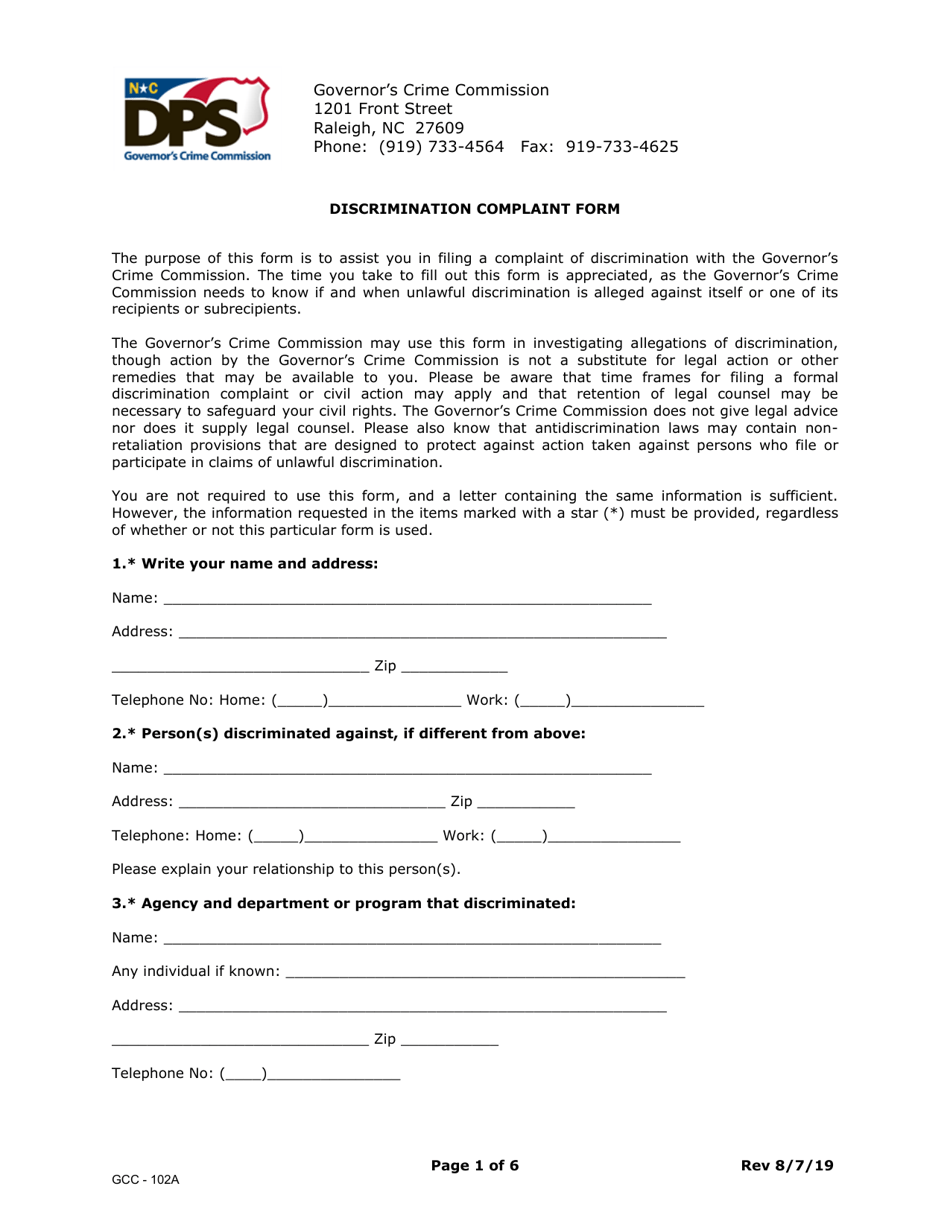 Form GCC-102A Discrimination Complaint Form - North Carolina, Page 1