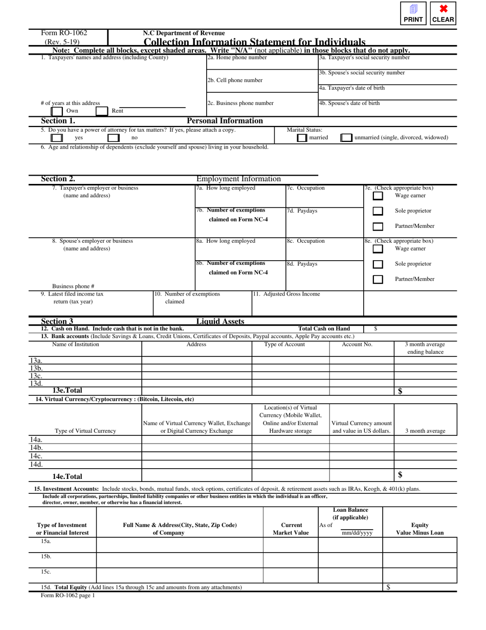 Form RO-1062 Collection Information Statement for Individuals - North Carolina, Page 1