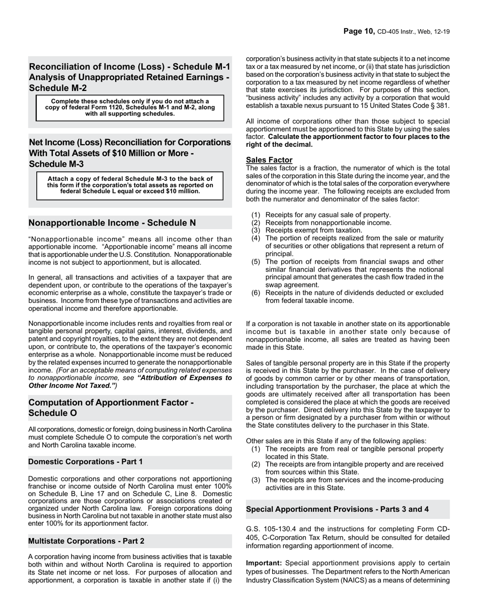 Instructions for Form CD-405 C-Corporation Tax Return - North Carolina, Page 10
