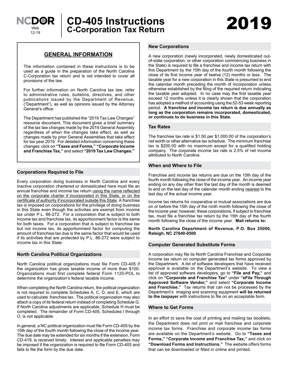 Instructions for Form CD-405 C-Corporation Tax Return - North Carolina, Page 1