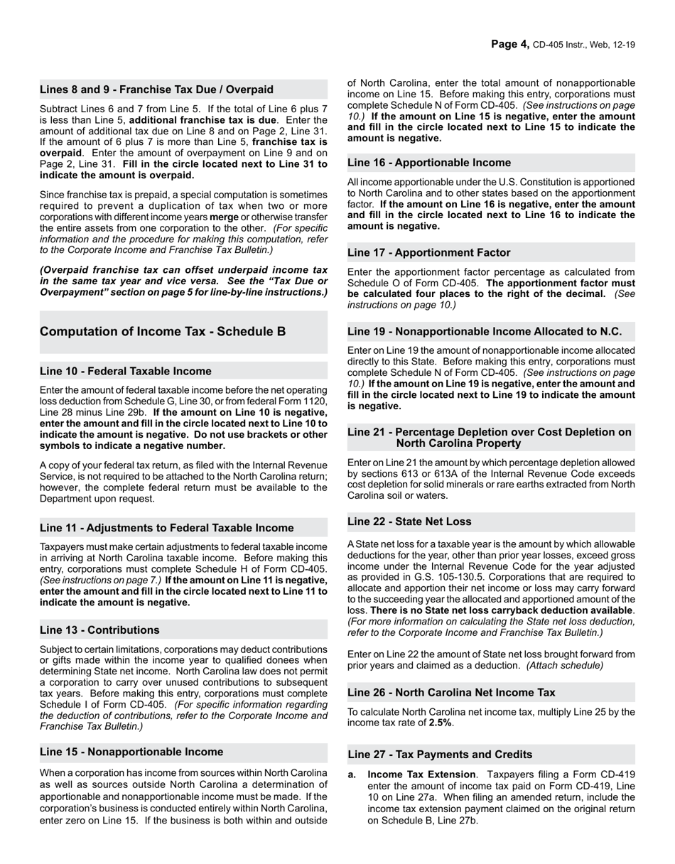 Instructions for Form CD-405 C-Corporation Tax Return - North Carolina, Page 4