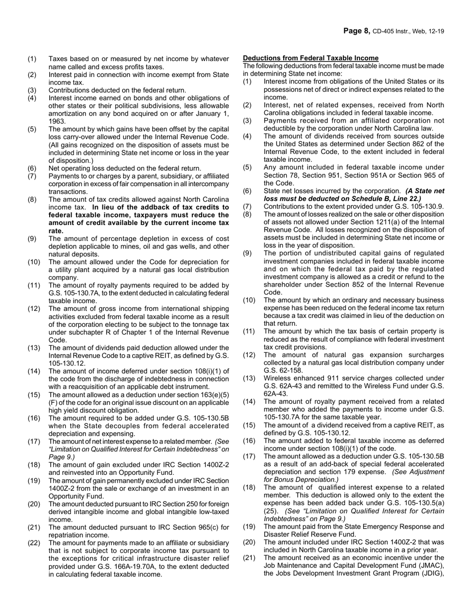 Instructions for Form CD-405 C-Corporation Tax Return - North Carolina, Page 8