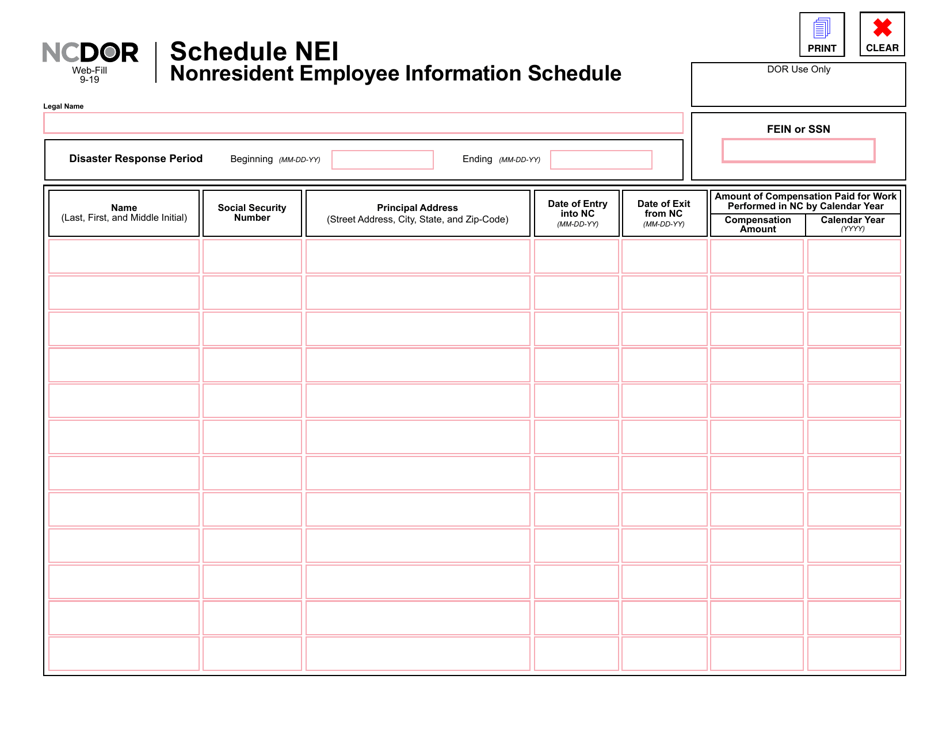 Schedule NEI Nonresident Employee Information Schedule - North Carolina, Page 1
